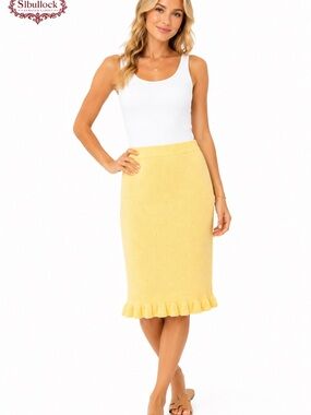 😎K2 NEEDII NWT Yellow Textured Knit Ruffle Hem Midi Skirt Medium😎